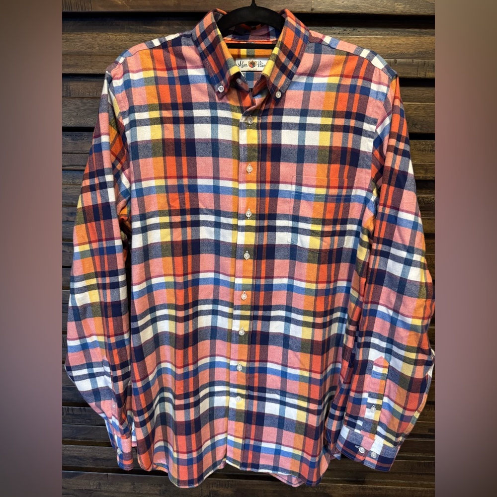 Alan Paine‎ England Colorful Cotton Long Sleeve Flannel Plaid Shirt Peach Med